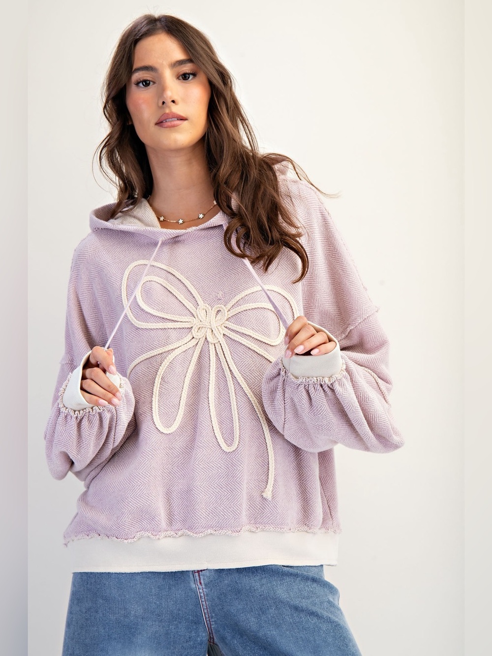 200. EASEL embroidered bowtie oversized light lilac hooded sweatshirt sweater